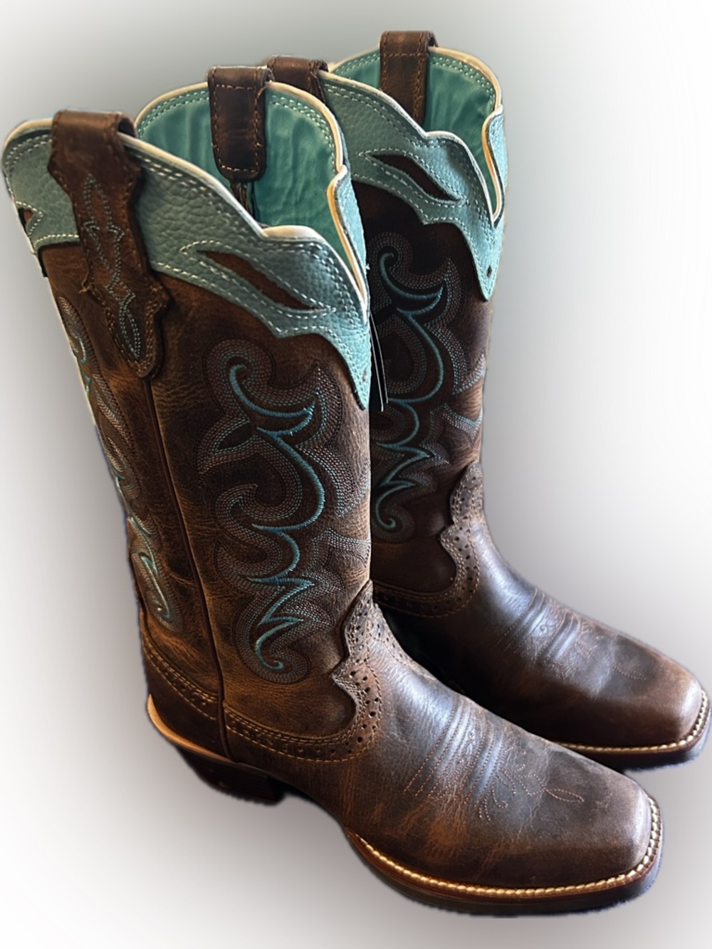 Justin Boots Brown Leather Cowboy Boots with Turquoise Top Trim - Picture 3 of 12